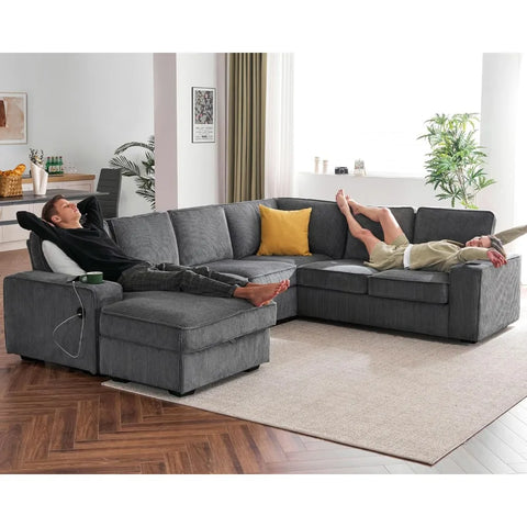 Oversized Sofa, 112 inch U Shaped Sofa with USB ports, Sectional Sofa Couch with Storage Chaise, Corduroy Grey