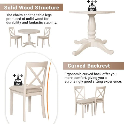 5-Piece Round Dining Table and Chair Set, Round Dining Table with Shelf, Wood Table Set for Family Dining Area