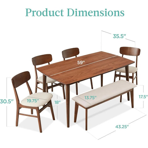 6-Piece Dining Set, Mid-Century Modern Wooden Table & Upholstered Chair Set for Home, Dining Room W/ 4 Chairs, Bench Seat