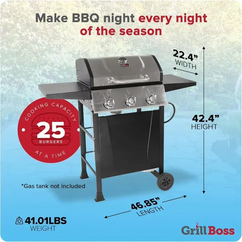 Grill Boss Outdoor BBQ Propane Gas Grill with Side Burner Lid Wheels Shelves Bottle Opener and 3 Burners