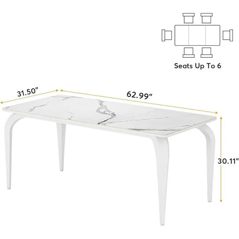 63" Modern Dining Table, White Sintered Stone Table with Metal Legs, Rectangular 6-Seater Table for Kitchen, Dining Room, Office