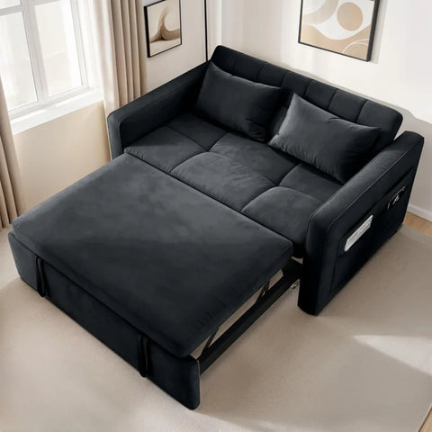 55" Convertible Sofa Bed,3-in-1 Sleeper Sofa with Pull-Out Bed,Velvet Futon Couch Reclining Backrest and Side Pocket,Modern