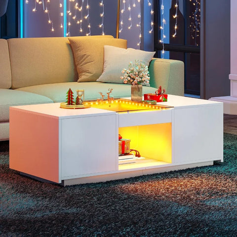 LED Coffee Table with LED Lights,Large Living Room Center Tables with USB Ports and Type-C Modern Coffee Table with Storage