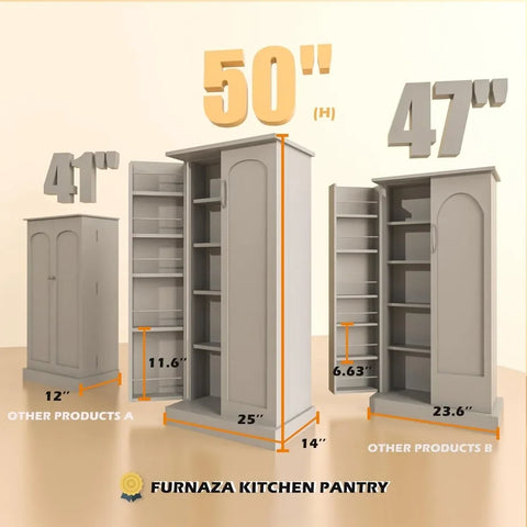 LED Kitchen Pantry Storage Cabinets, 50 Inch FreeStanding, 2 Doors and Shelves Adjustable for Living Room, Kitchen Buffet