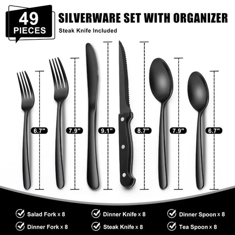 49-Piece Silverware Set with Organizer, Heavy Duty Stainless Steel Flatware Set for 8, Cutlery Utensil Sets, Dishwasher Safe