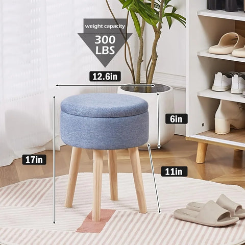 Storage Ottoman Foot Stool Linen Round Vanity Stool Tray Top Footstool with Wood Legs Multifunctional Upholstered Foot Rest