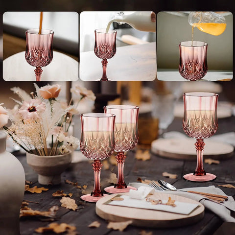 7oz Plastic Vintage Rose Gold Drinking Glasses Pink Wine Glasses Unbreakable Wedding Glassware Crystal Water Goblets Reusable Dr