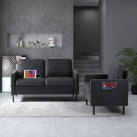 Upholstered Sectional Sofa Set Living Room Furniture Sets, Loveseat with USB & Accent Chair, Couch Bedroom Livingroom Apartment