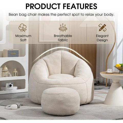 Bean Bag Sofa, Microfiber Upholstered with Petal Back, Padded Lazy Sofa with Footstool, Memory Foam Stuffed Bean Bag Couch