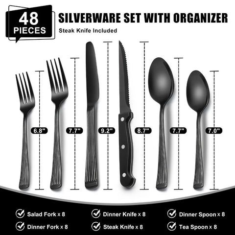 49-Piece Silverware Set with Organizer, Heavy Duty Stainless Steel Flatware Set for 8, Cutlery Utensil Sets, Dishwasher Safe