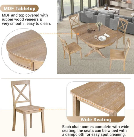 5-Piece Round Dining Table and Chair Set, Round Dining Table with Shelf, Wood Table Set for Family Dining Area