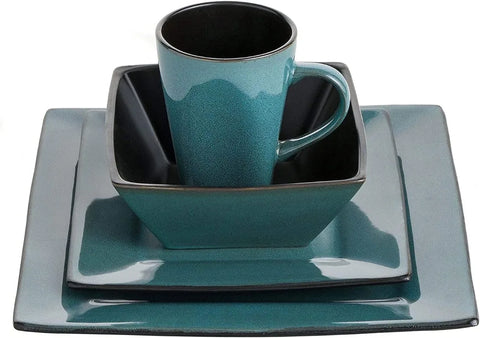 Square Reactive Glaze Stoneware Dinnerware Set, Service for 4 (16pcs),  Set Vaisselle Complet， Dishes and Plates Sets