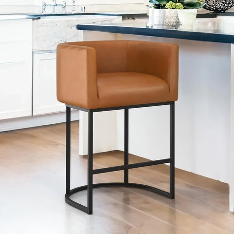 27" H Counter Height Bar Stools Set of 2, Modern Barrel Counter Stools with Backrest and Arms, Black Metal Frames