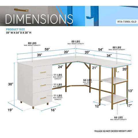 L Shaped Desk - Two-Toned Computer Desk with Drawers & Storage Shelves - Simple Modern Furniture & Home Office Space Corner Tabl