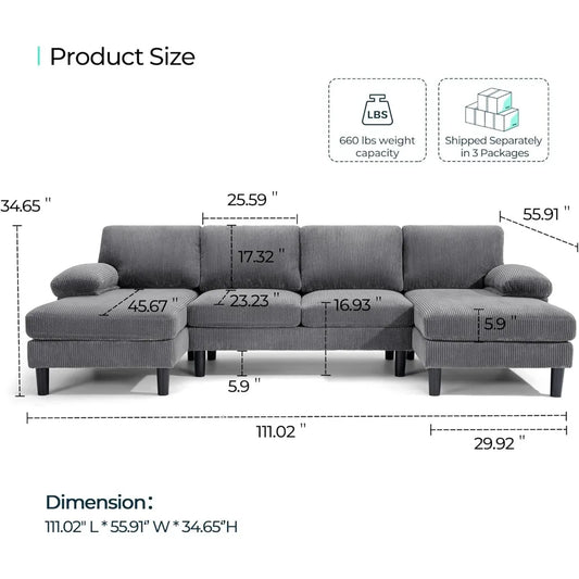 Convertible Sectional Couch, Corduroy U-Shaped Sofa Couch with Double Chaises and Sleepable Armrests, 4-Seat Deep Sofa Set