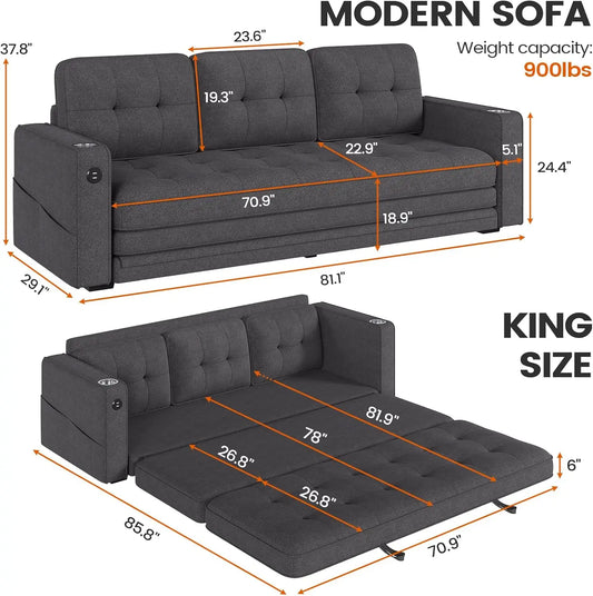 81" W 85.8" L King Futon Sofa Bed, Sleeper Sofa- 2 in 1 Pull Out Couch Bed, Modern Couches for Living Room, Loveseat Sofa