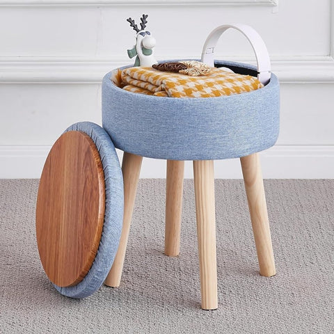 Storage Ottoman Foot Stool Linen Round Vanity Stool Tray Top Footstool with Wood Legs Multifunctional Upholstered Foot Rest