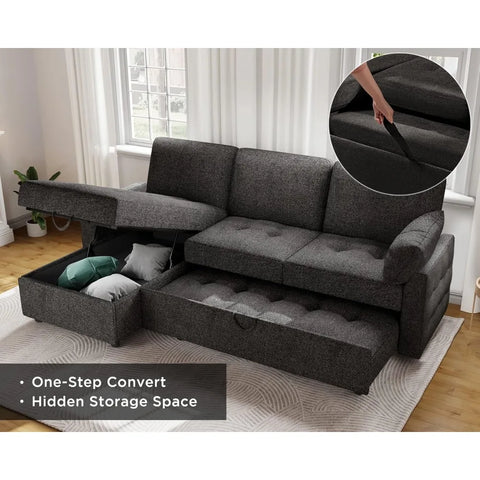 Pull Out Sofa Bed, Modern Tufted Convertible Sleeper Sofa, L Shaped Sofa Couch with Storage Chaise, Chenille Sectional Couch Bed