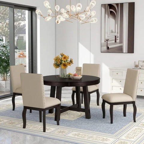 5-Piece Round Dining Table and Chair Set, Round Dining Table with Shelf, Wood Table Set for Family Dining Area