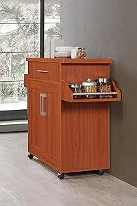 Kitchen Island with Spice Rack, Towel Rack & Drawer, White with Beech Top, 15.5 x 35.5-44.9 x 35.2 inches