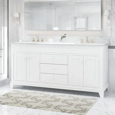 61" Double Sink Bathroom Vanity with Marble Top, Solid Wood Bathroom Vanity with 3 Drawers and 4 Doors,  Bathroom Vanities