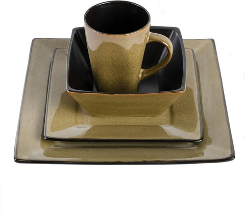 Square Reactive Glaze Stoneware Dinnerware Set, Service for 4 (16pcs),  Set Vaisselle Complet， Dishes and Plates Sets