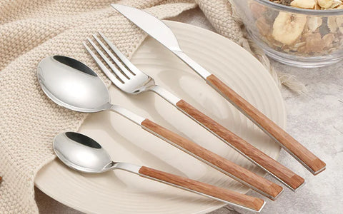 4Pcs 304 Stainless Steel Dinnerware Sets Glossy Silver Wooden Tableware Western Food Knife Fork Teaspoon Cutleries