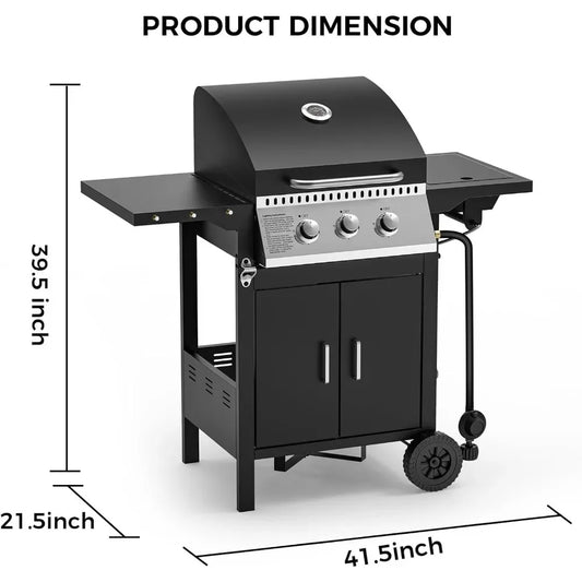 BBQ Gas Grill，30,000 BTU Ideal for Outdoor Cooking, 3 Burner Propane, Easy To Clean and Maintain, Barbecue Grill