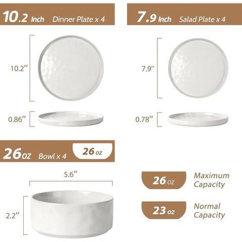 Dinnerware Dish Sets for 4, 12 Piece Stoneware Plates and Bowls Sets, Kitchen Dinner Set for Dessert Salad Pasta