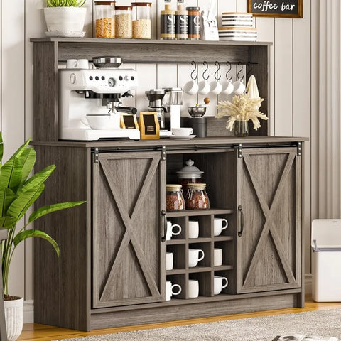 4ever2buy Farmhouse Coffee Bar Cabinet with 6 Hooks, White Coffee Bar with Storage, Kitchen Buffet Cabinet with Adjustable Shelv