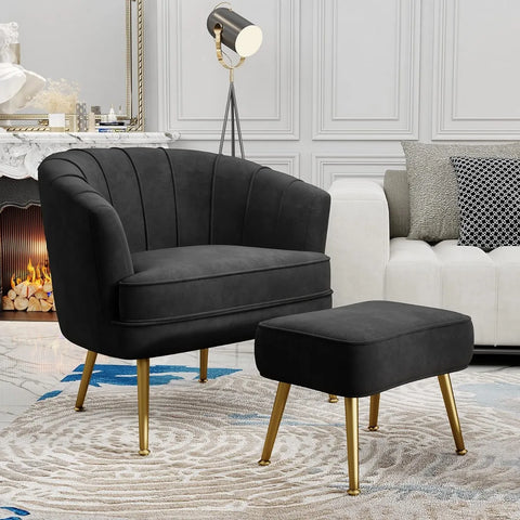 Velvet Accent Chair with Ottoman, Upholstered Modern Single Sofa Side Chair,Comfy Barrel Club Living Room Armchair