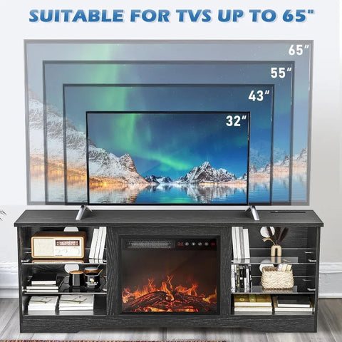 Fireplace TV Stand with 18''Fireplace, Modern Entertainment Center for TVs up to 65 inch, Media TV Console with Adjustable Glass