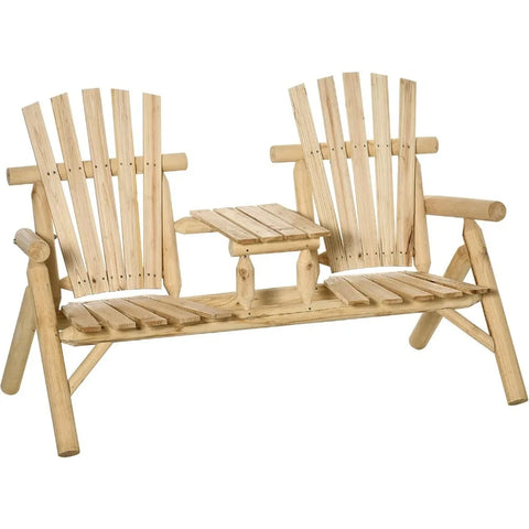 Outsunny 2-Seat Wooden Adirondack Chair, Patio Bench with Table, Outdoor Loveseat Fire Pit Chair for Porch, Backyard