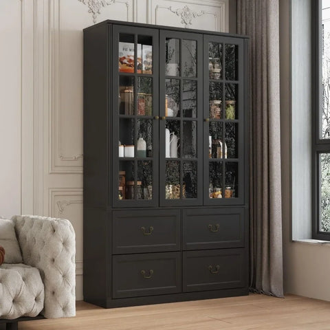 Pantry Cabinet Kitchen Storage Cabinet with 2-4 Drawers & Glass Doors, Kitchen Pantry with Adjustable Shelves