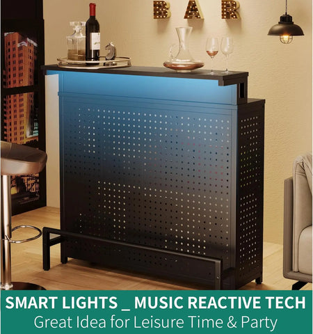 Mini Home Bar Unit with Music Sensing LED Light Liquor Wine Coffee Stand w Counter Tall Bar Table Top Alcohol Storage Shelf