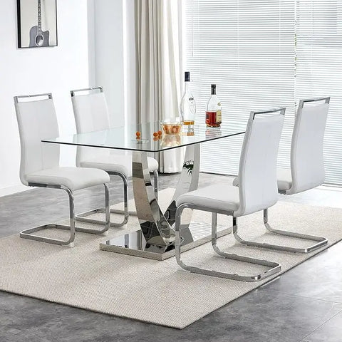 63” Glass Dining Table Set for 4,Modern Dining Room Table Set for 4,Kitchen Table and PU Leather Chairs for 4, Glass Top