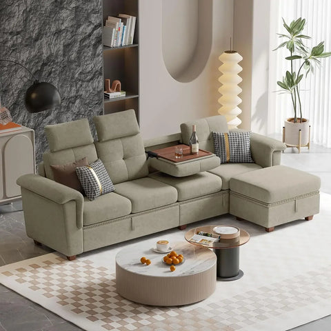 Convertible Sectional Sofa with Storage,4 Seat L Shaped Couch with Chaise and Cup Holder,Modern Microfiber Fabric Sofas Couches