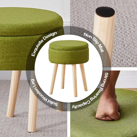 Storage Ottoman Foot Stool Linen Round Vanity Stool Tray Top Footstool with Wood Legs Multifunctional Upholstered Foot Rest