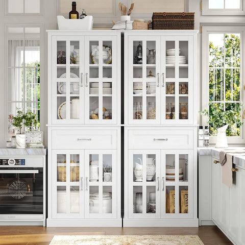 Kitchen Cabinet, Tall Cabinet with Glass Doors and Drawer, Freestanding Pantry Hunch with Adjustable Shelves, Cabinets Kitchen