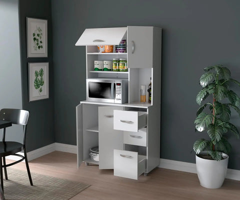 71" H x 23.6" W x 17.1" D, White Kitchen Microwave Storage Cabinet with 3 Drawers, Kitchenette Standing Pantry