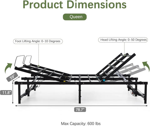 Adjustable Bed Frame Queen Size Adjustable Bed Base with Head and Foot Incline Low-Noise Motor and Remote Control Black