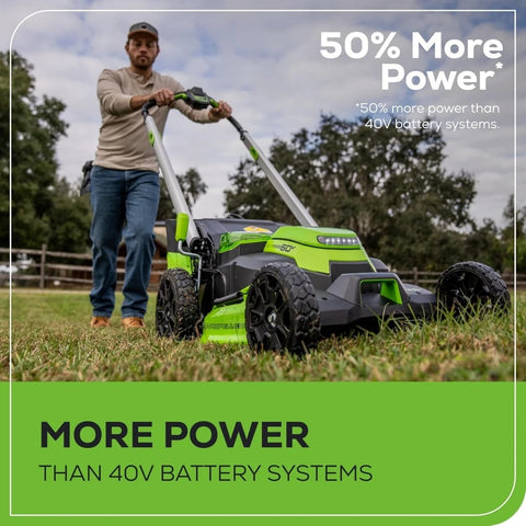 60V 25” Cordless (Self-Propelled) Lawn Mower (LED Lights + Aluminum Handles), 2 x 4.0Ah Batteries and Dual Port Rapid Charger