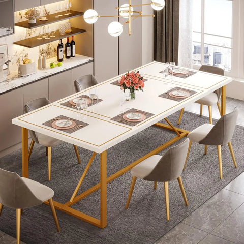 70.9 Inch Dining Table for 6 to 8, Modern Kitchen Table Dining Room Table, Rectangle Dinner Table w/Gold Meta Base for Kitchen