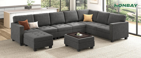 Velvet Modular Sectional Sofa, Convertible L Shaped Sofa Couch with Storage Top Tray Ottoman Corner Couch,Dark Blue