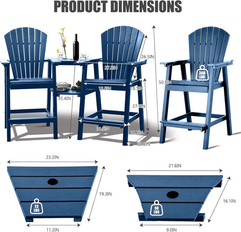 Tall Adirondack Chairs Set of 2，Recycled Poly Balcony Chair with Double Connecting Tray Patio Stools Weather Resistant