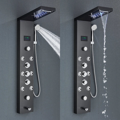 Black/Brushed Bathroom Shower Faucet Set LED Rainfall Shower Panel System Bathtub Water Mixer Tap Massage SPA Temperature Screen