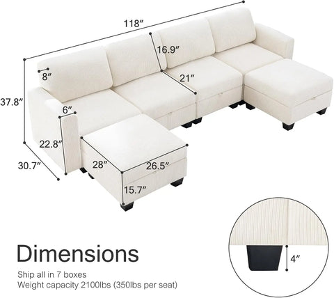 Modular Sectional Sofa Couch with Storage Seat,Soft Velvet Stripe Convertible Sofa with Reversible Ottoman,Deep Seat Sofa