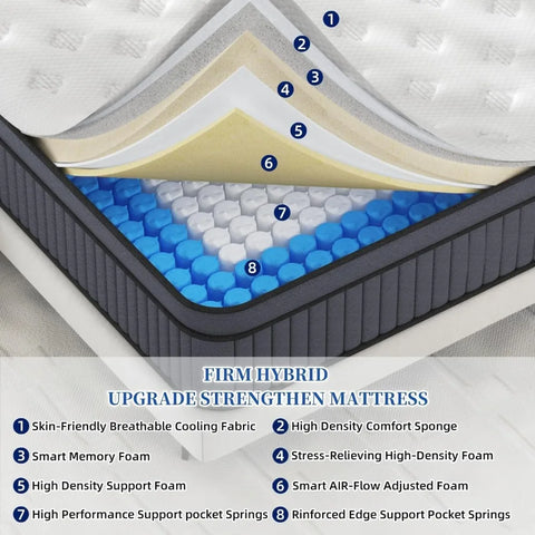 California King Mattress - Upgrade Strengthen - 12 Inch Firm Hybrid Cal King Mattress in a Box, Mattress King Size With Memory