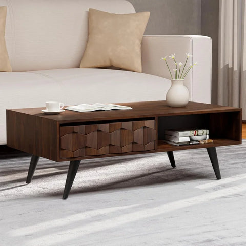 Bme Georgina Solid Wood Coffee Tables for Living Room,Coffee Table Mid Century Modern with 2 Symmetrical Storage Drawers &amp