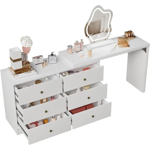 PAKASEPT Makeup Vanity Desk with Lights, Extendable Vanity Table with 6 Drawers, 3 Color Lighting Modes Adjustable Brightness